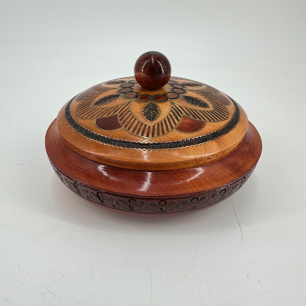 Handcrafted Round Wooden Trinket Box Pyrography Floral Design Lidded Keepsake